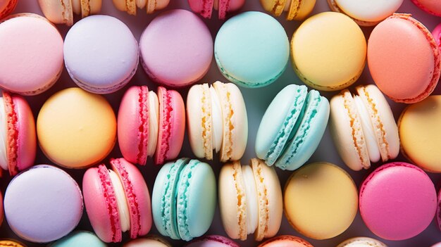 Colourful macarons View from above Aesthetic background Pastel colour palette Generative AI