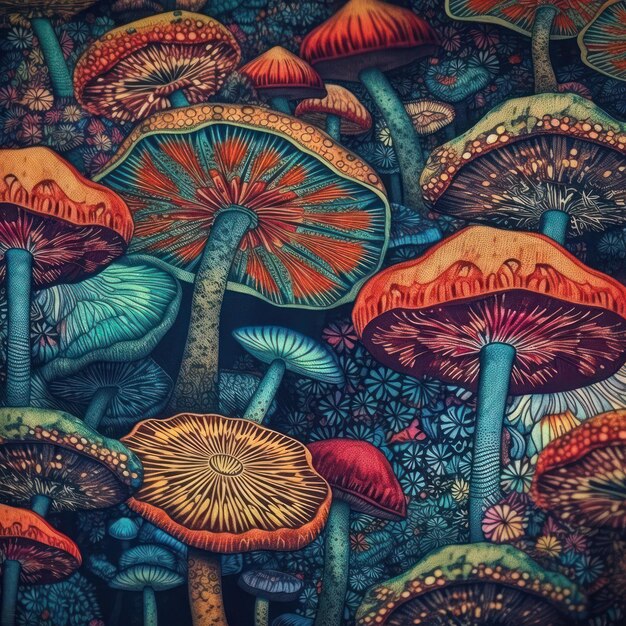 Foto funghi magici colorati creati utilizzando strumenti generativi di ai