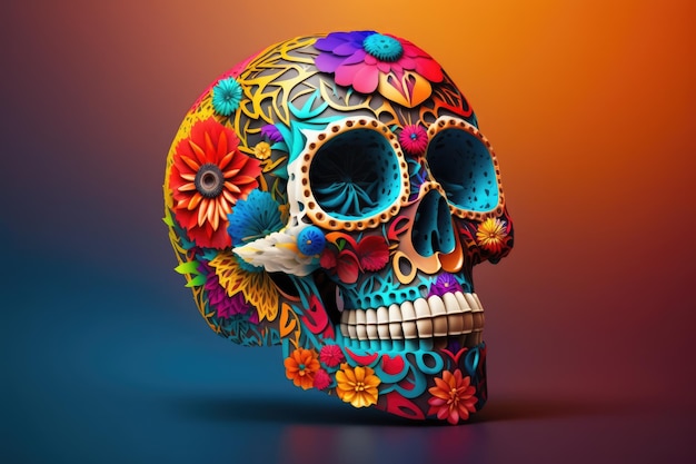 Красочный мексиканский декоративный сахарный череп, созданный с использованием генеративной технологии искусственного интеллекта