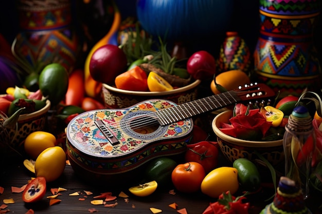 Colourful mexican s with maracas and guitar