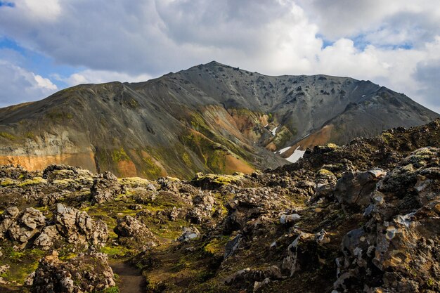 カラフルな山々、緑の苔、地熱プール、美しい火山の谷 Landmannalaugar、アイスランド