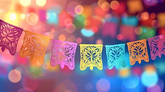 colourful paper cut art hanging decorations with string light blurred bokeh light background