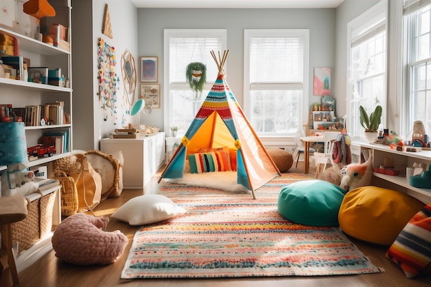 Photo colourful playroom with wigwam teepee bean bag chair desk drawings on the wall ai generated