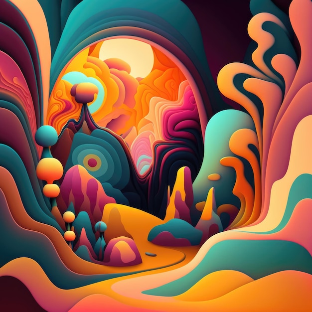Colourful and psychedelic landscape of forest and sun created using generative ai technology