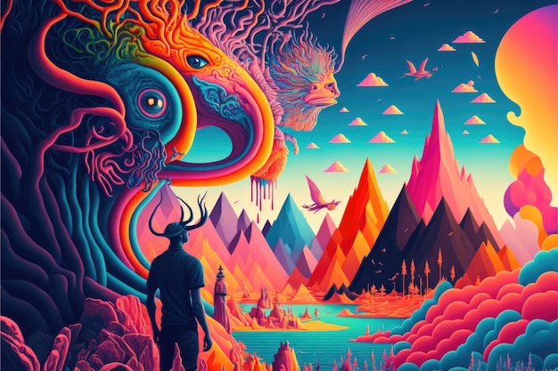 Colourful and psychedelic planet with mountains and man created using generative ai technology