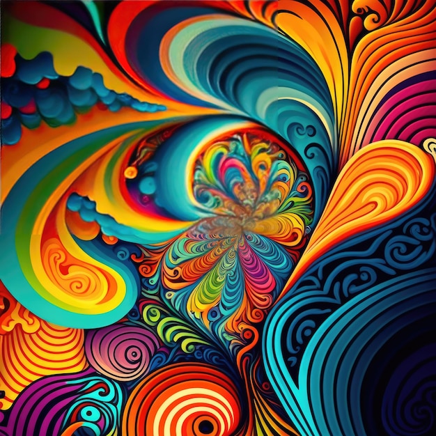 Colourful and psychedelic shapes on black background created using generative ai technology