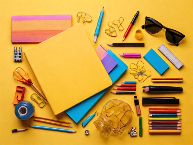 黄色い背景のカラフルな学校用品 バック・トゥ・スクール・コンセプト トップビュー