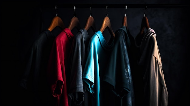 Photo colourful shirts hanging on a black background with nice lighting