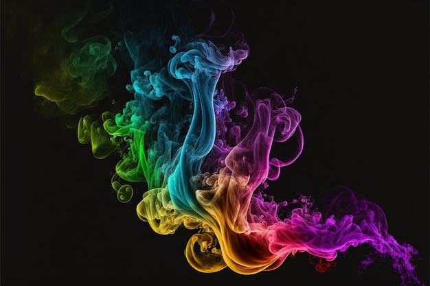 Colourful smoke trails floating on black background created using generative ai technology