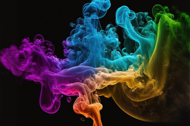 Colourful smoke trails floating on black background created using generative ai technology