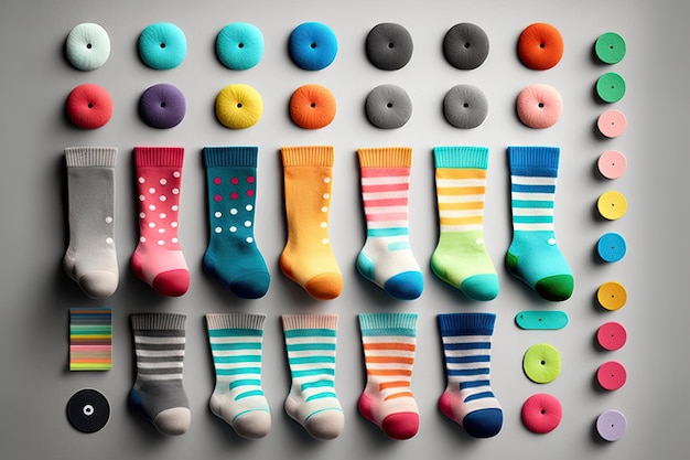 Colourful socks and set of socks on light gray background created with generative ai