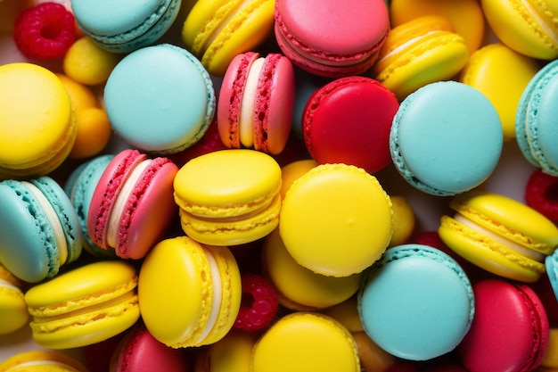 Colourful sweet macaroon pastry background dessert cake food bakery top view compositoin
