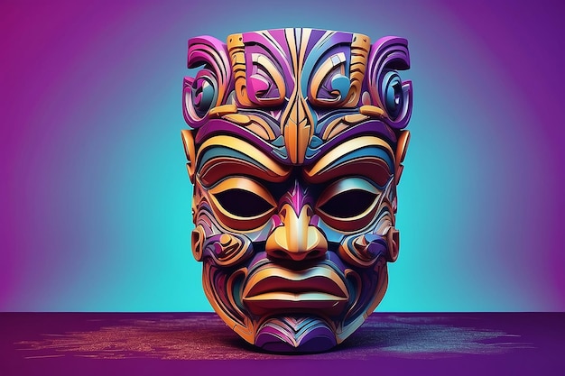生成 AI 技術を使用して作成された紫色の背景にカラフルなティキ マスク
