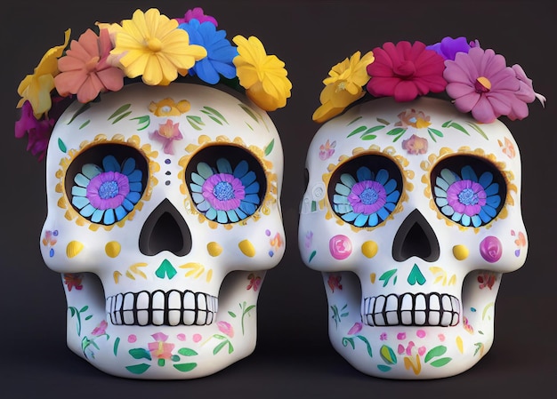 디아 데 로스 무에르토스의 날을 위해 꽃으로 장식된 다채로운 전통 칼라베라 설탕 두개골