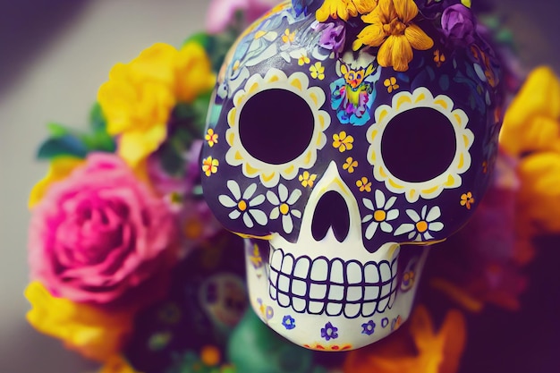 A colourful Traditional Calavera sugar skull decorated with flowers for dia de los muertos Day of the dead