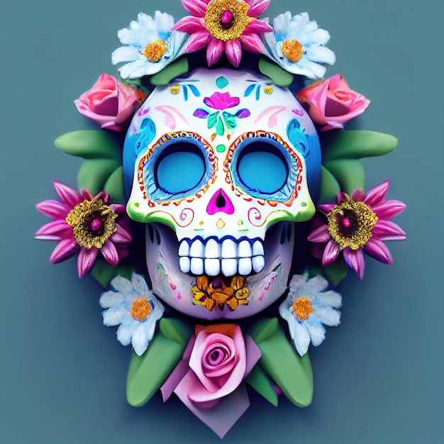 A colourful Traditional Calavera sugar skull decorated with flowers for dia de los muertos Day of the dead