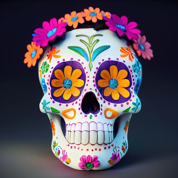 A colourful Traditional Calavera sugar skull decorated with flowers for dia de los muertos Day of the dead