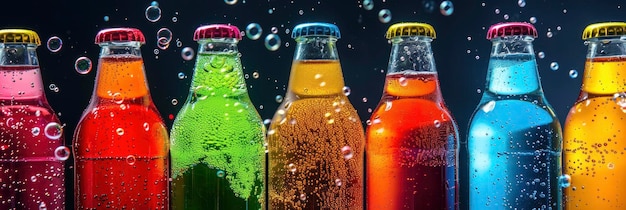 Фото Цветные прозрачные стеклянные бутылки соды с пузырьками на заднем плане