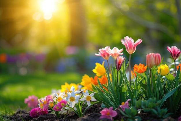 Foto coloroso giardino di tulipani in primavera bandiera di sfondo di pasqua