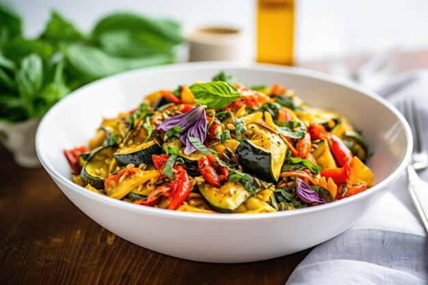 Colourful vegetable pasta in a white bowl