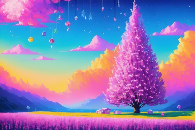 Colourful vibrant landscapes for children's picture books fairy tales cartoons illustrations generative ai