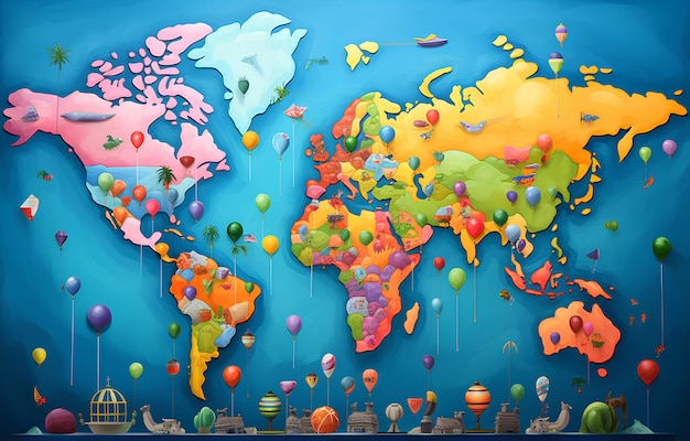 Photo colourful world map by using colourful balloons and in the style