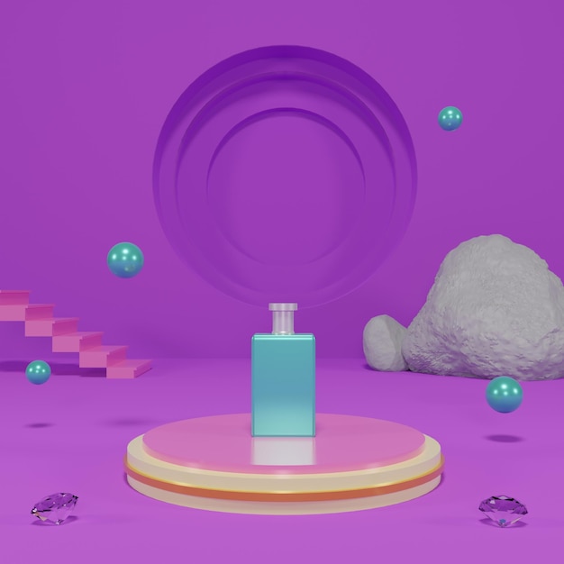 Colourfull podium stage with perfume bottle and abstract background 3d render