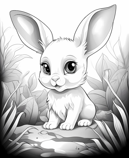 colouring page for kids a cute baby rabbit in a jungle cartoon style