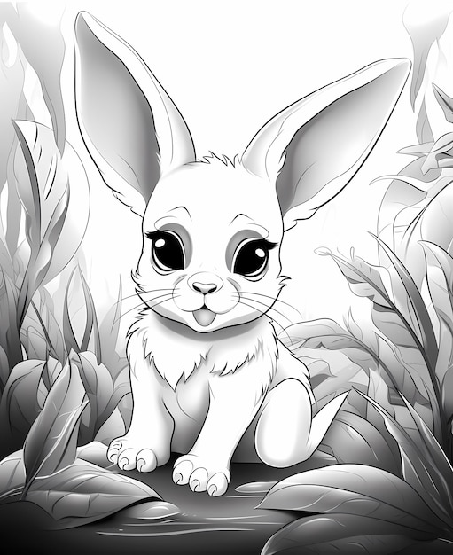 colouring page for kids a cute baby rabbit in a jungle