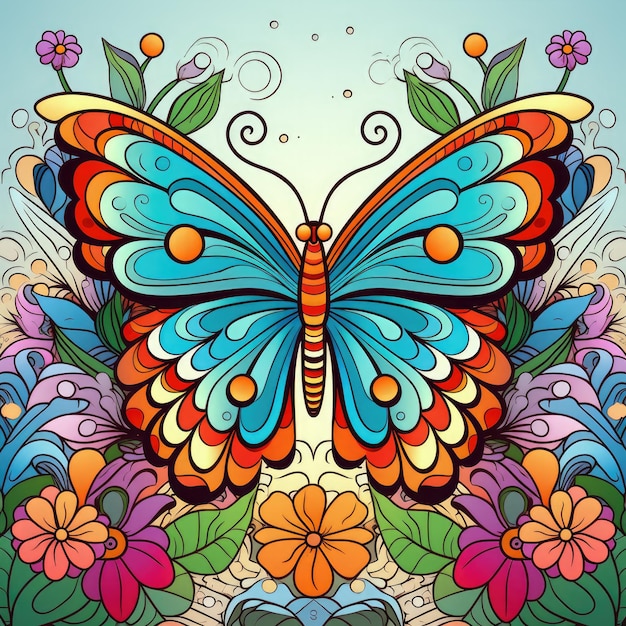 Colouring page for kids a vibrant butterfly fluttering among colourful flowers ai generated