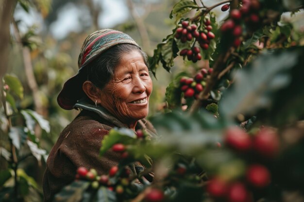 Photo columbia mature woman harvesting coffee bean in the coffee field