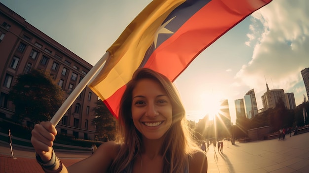 Photo columbia woman holding columbia flag in the center of the city