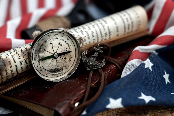 Columbus Day background. Map and discovery of old equipment. Exploration and history of America in October.