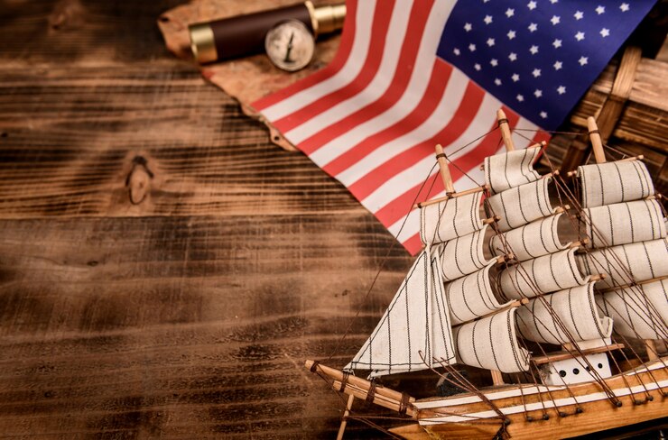 Columbus Day background. Map and discovery of old equipment. Exploration and history of America in October.