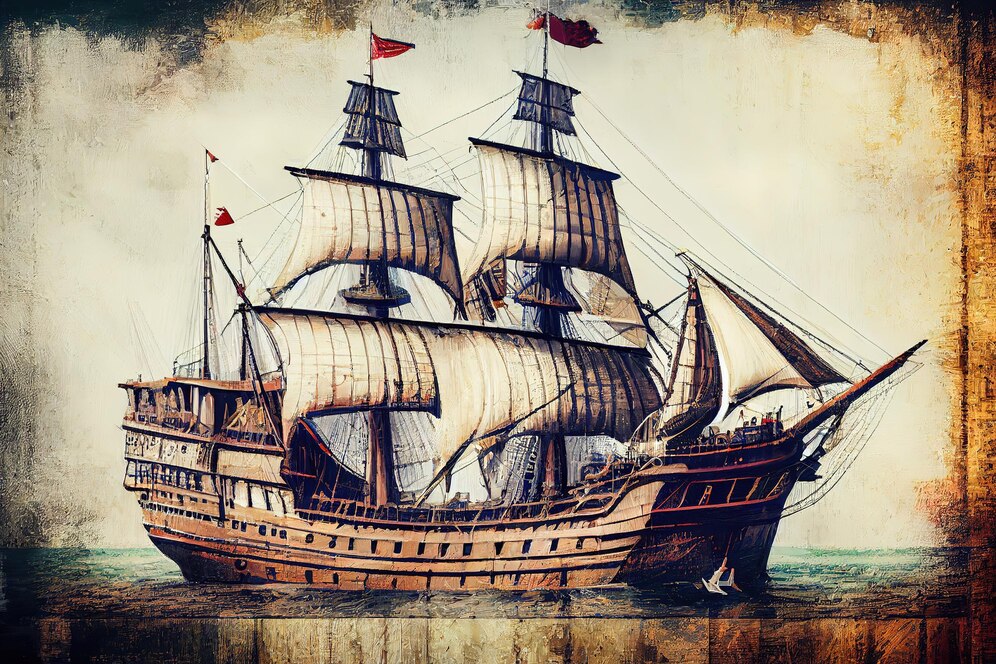 Premium Photo | Columbus day concept with old ship over wooden