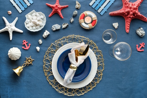 Columbus Day or Summer birthday lunch table, blue white with red.