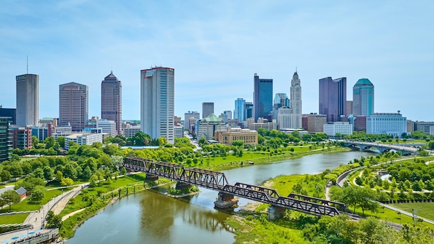 Columbus Ohio green view of city with skyscrapers aerial