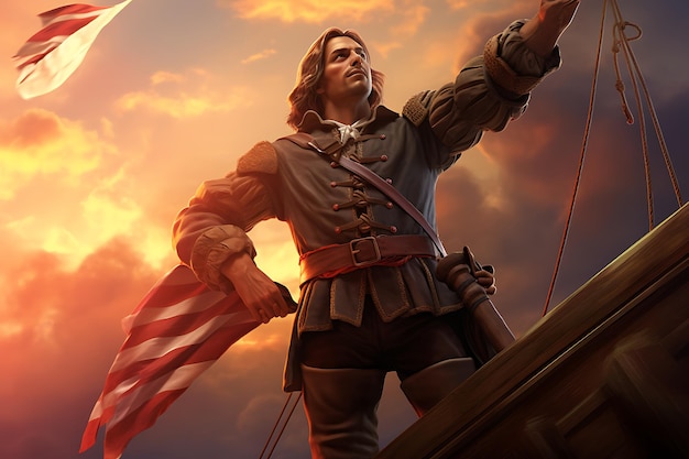 コロンブスの日のお祝いを背景に旗と船を持つコロンブス