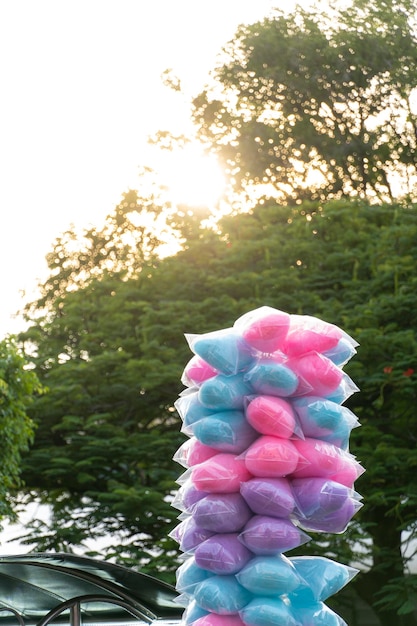 Column of cotton candy very sweet and colorful mexican candy sold in the streets