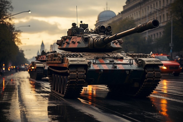 Column of military tanks on the street of the city