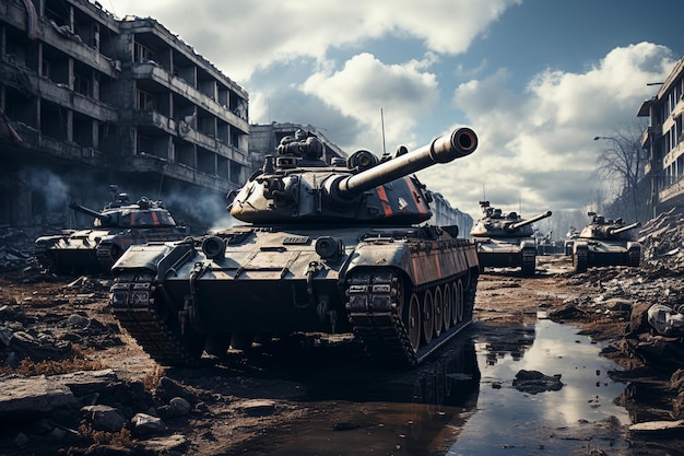 Column of military tanks on the street of the city