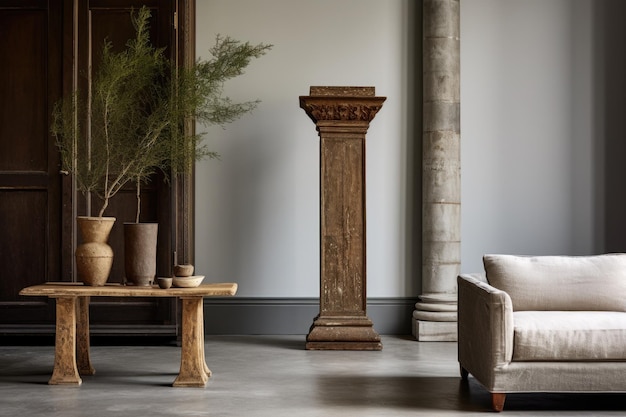 A column with an antique finish in a minimalist living room