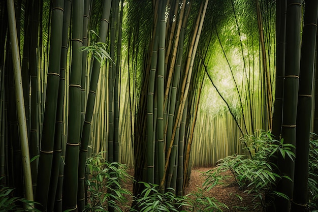 Columnar bamboos growing in forest of trees