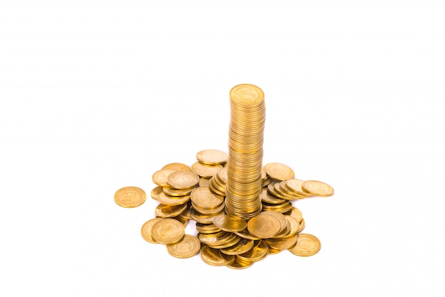 Columns of gold coins, piles of coins on white background