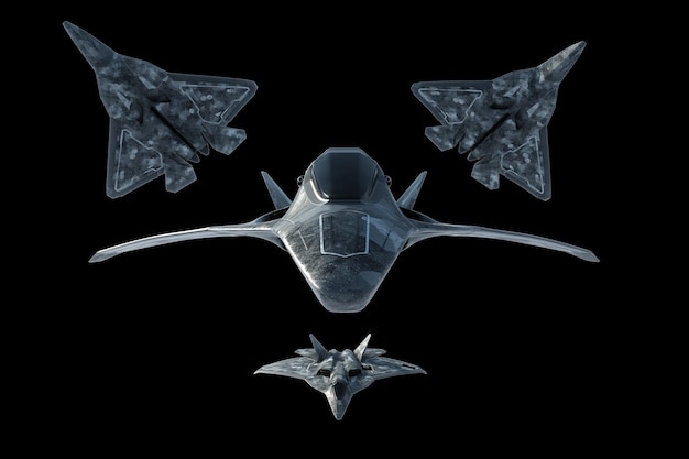 검은 배경에 고립 된 전투 항공기 전투기 5 또는 6 세대 전투 항공 공군 신기술 3D 그림 3D 렌더링의 개념