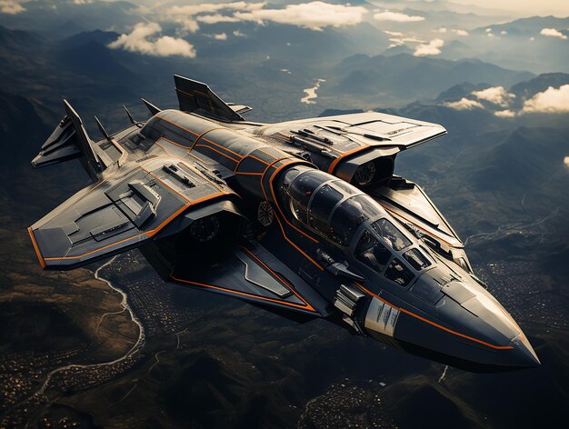 Photo combat aircraft flying high above the ground closeup technology of the future