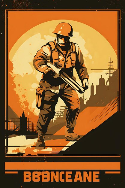 Combat engineer constructing a bunker earthy tones with a to poster design 2d a4 creative ideas