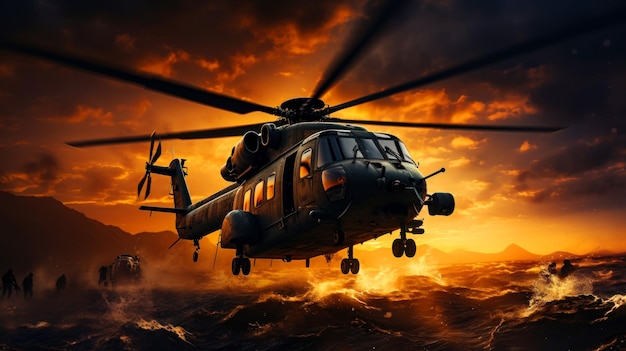 해가 지는 동안 물 위에서 낮게 날아다니는 전투 헬리터 임무를 수행하는 군사 기계 배경에는 사람들의 실루이 있습니다.
