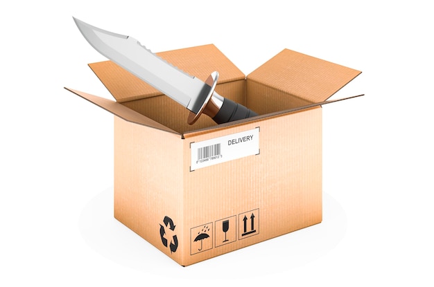 Combat knife inside parcel Delivery concept 3D rendering