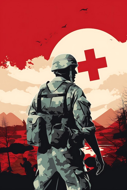 Combat medic providing medical care in a warzone red cross s poster design 2d a4 creative ideas